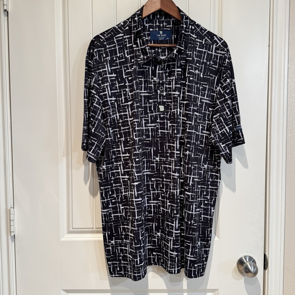 Tom Baine Golf‎ Polo Mens 2XL Black White Abstract Print Stretch Slim Fit